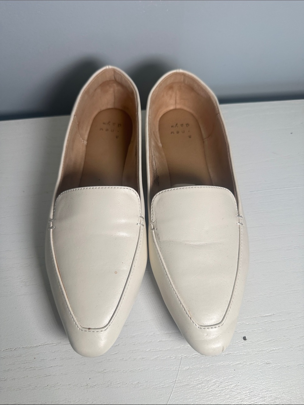 a new day Cream Pointed-Toe Leather Loafers